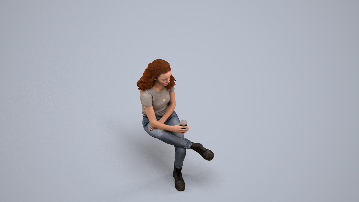realistic 3D human woman casual sitting, archviz people FBX OBJ for Blender, back view render