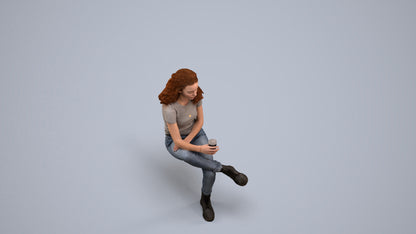 realistic 3D human woman casual sitting, archviz people FBX OBJ for Blender, back view render