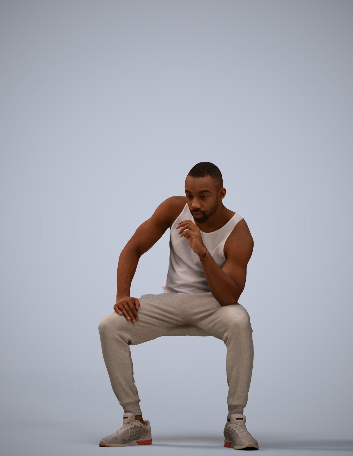 3D human model man casual sitting, photogrammetry scanned person for archviz