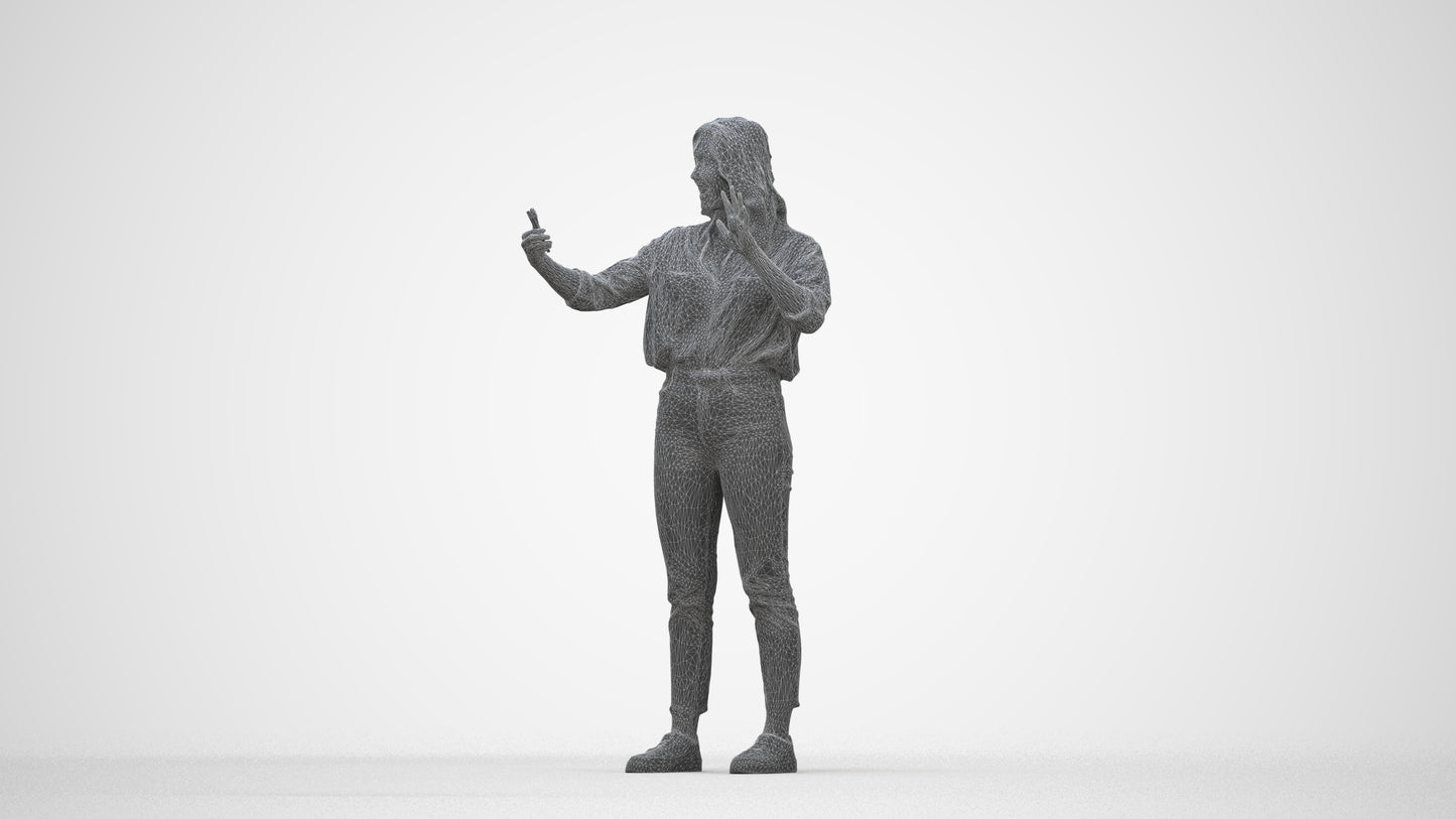 3D scanned woman standing casual, photorealistic archviz people for Enscape and SketchUp, wireframe back view