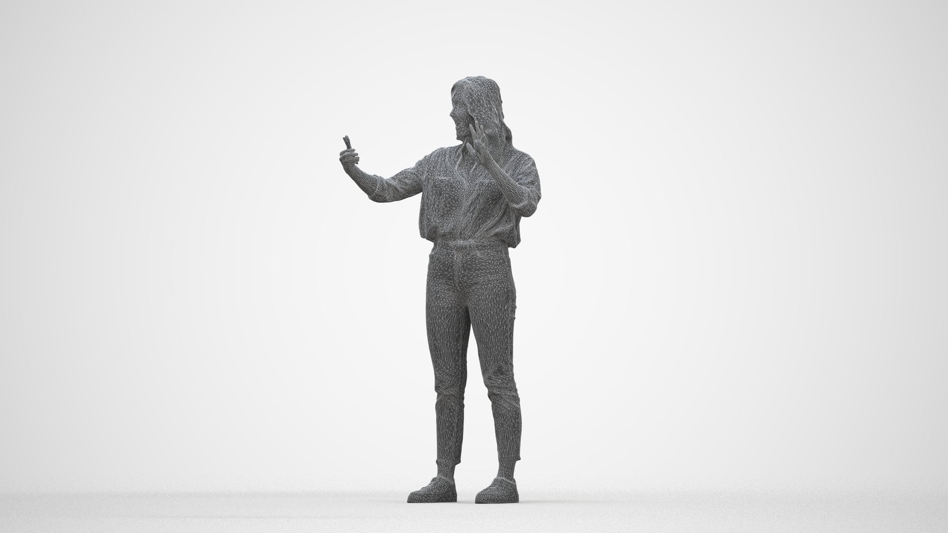 3D scanned woman standing casual, photorealistic archviz people for Enscape and SketchUp, wireframe back view