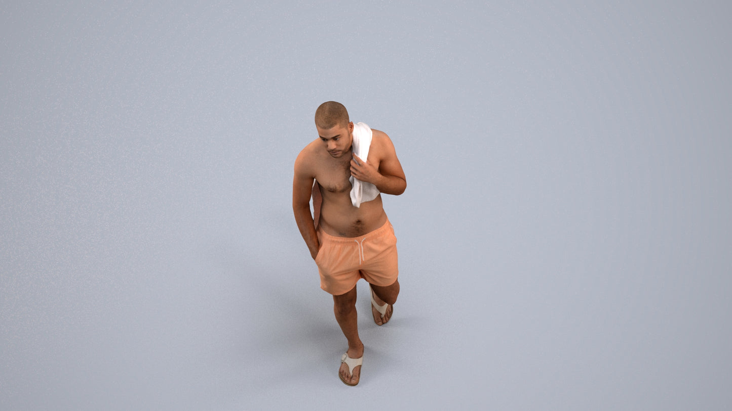 3D human model man pool, photogrammetry scanned person for archviz, back view render
