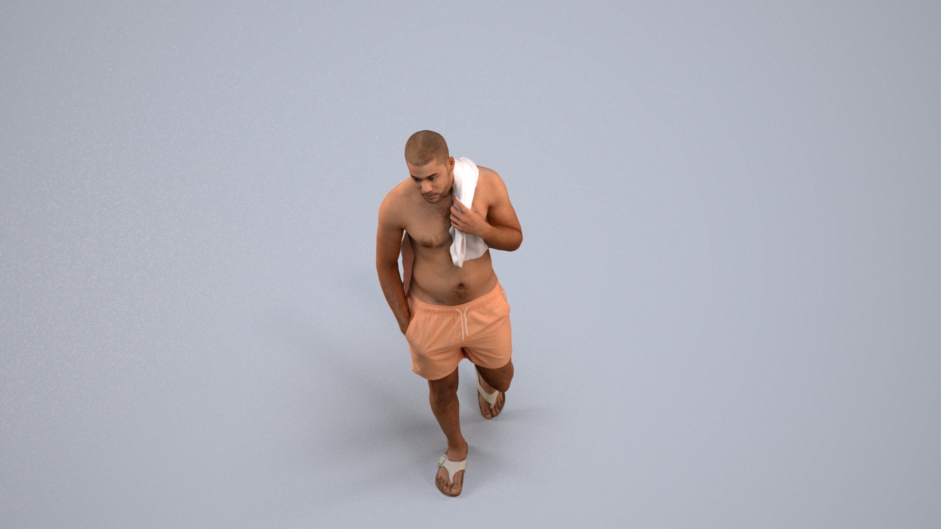 3D human model man pool, photogrammetry scanned person for archviz, back view render