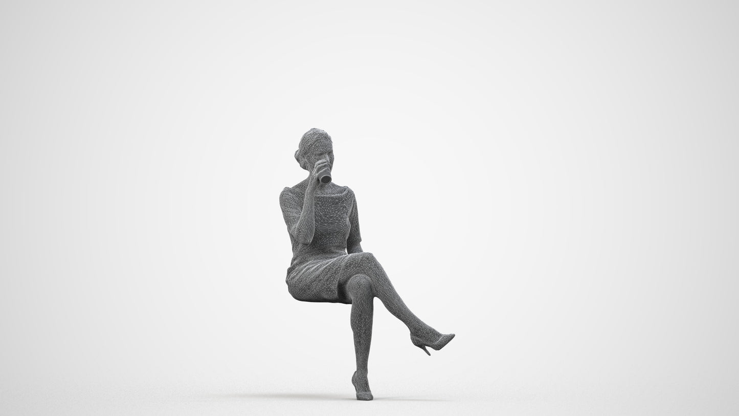 realistic 3D people woman casual sitting, render-ready for V-Ray and Corona, FBX OBJ, wireframe side view