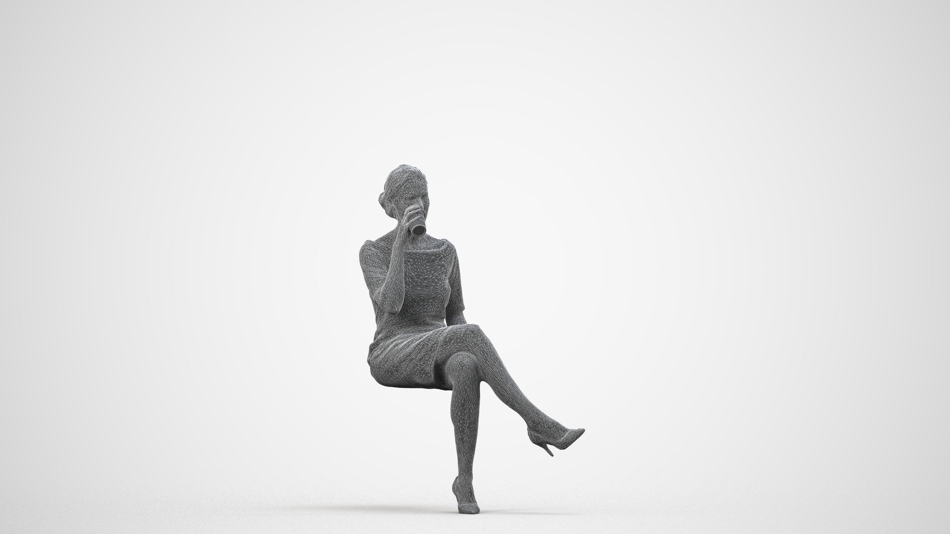 realistic 3D people woman casual sitting, render-ready for V-Ray and Corona, FBX OBJ, wireframe side view