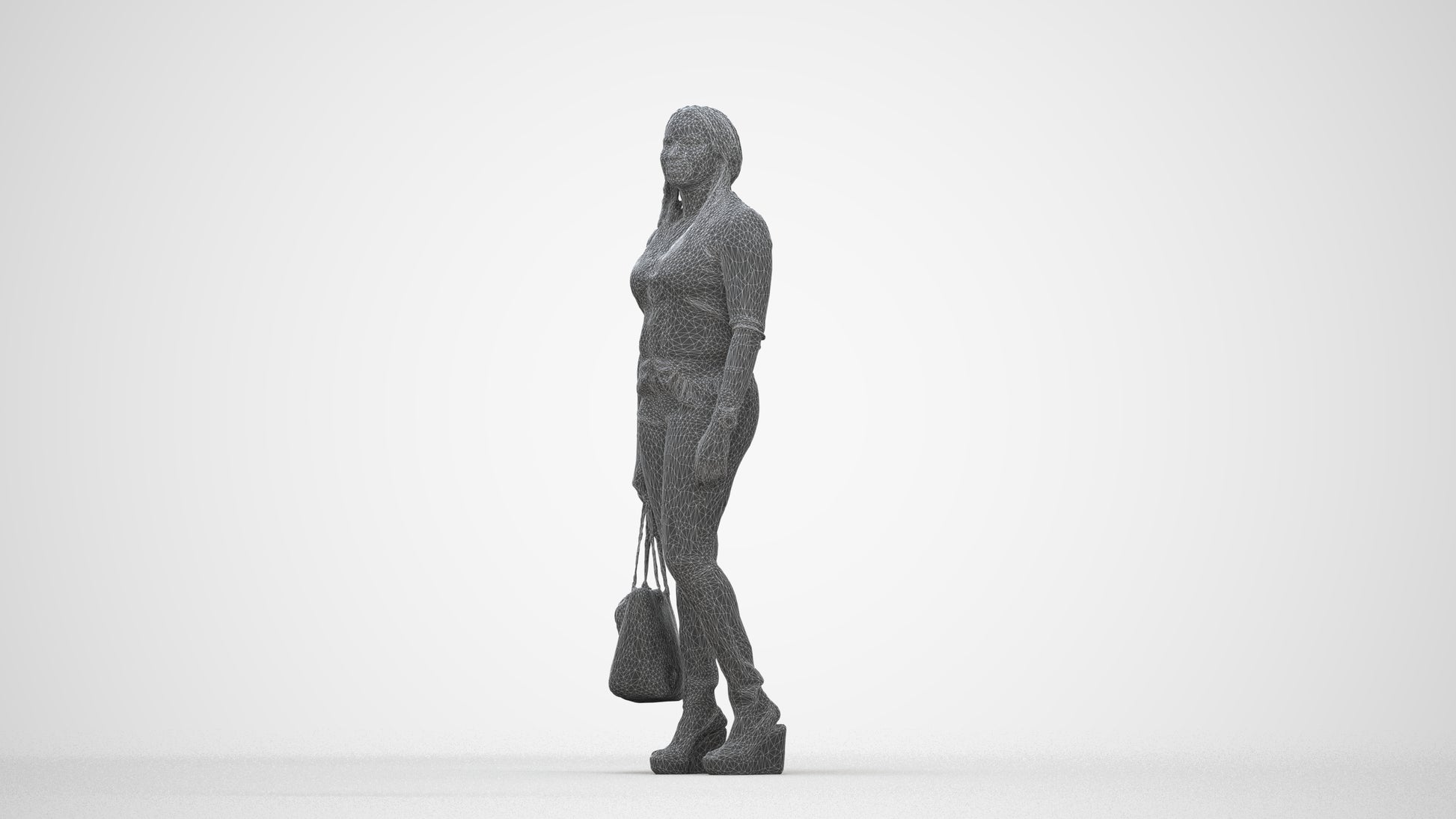 realistic 3D people woman casual standing, render-ready for V-Ray and Corona, FBX OBJ, wireframe back view