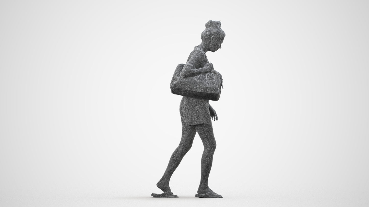 3D human model woman casual walking, photogrammetry scanned person for archviz, wireframe side view