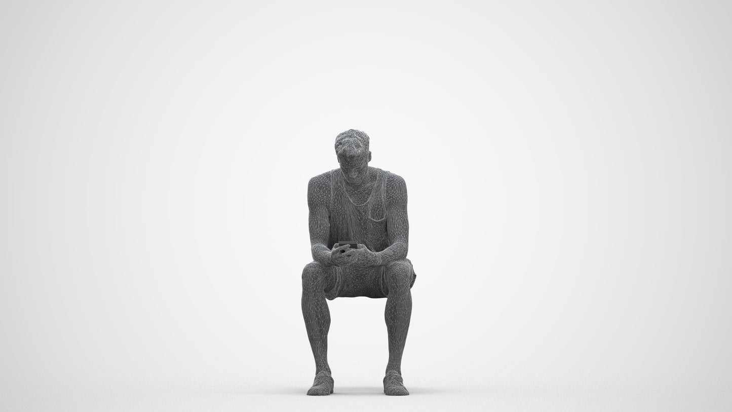 3D people model man casual sitting, scanned human for 3ds Max rendering, three-quarter front view render