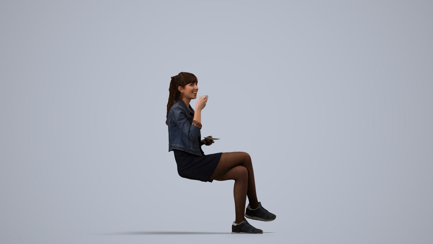 3D people model woman casual sitting, scanned human for 3ds Max rendering, side view render