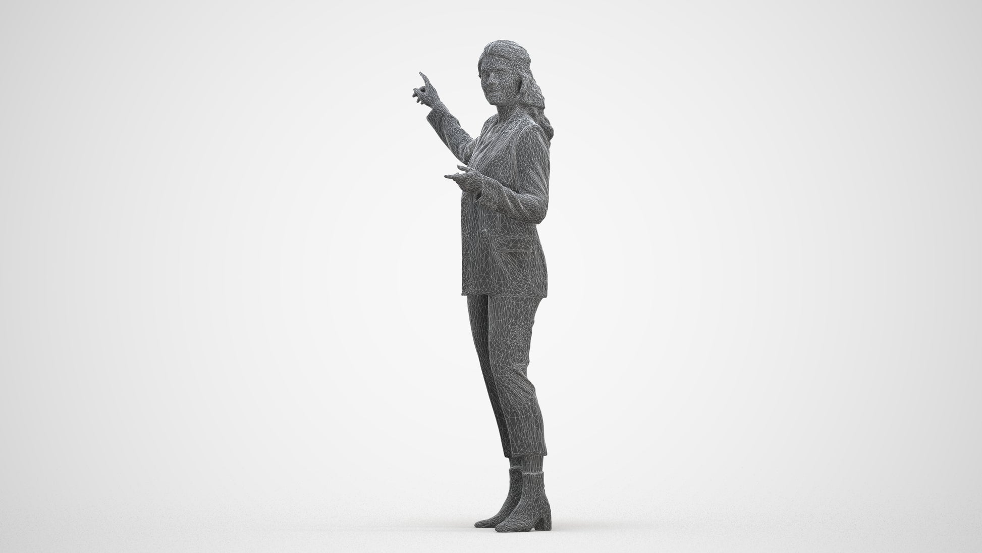 3D human model woman business, photogrammetry scanned person for archviz, three-quarter front view render