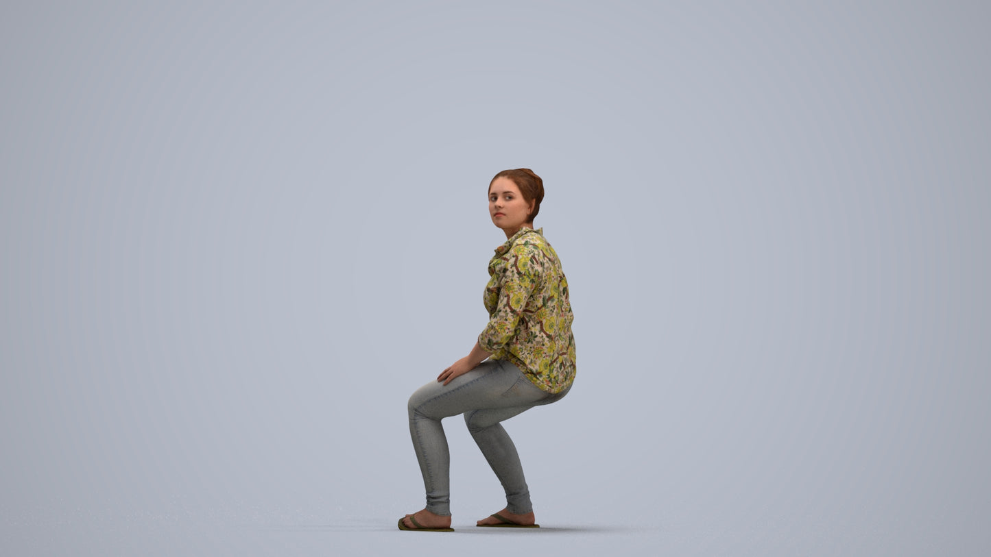 photogrammetry 3D woman casual sitting, realistic human model archviz FBX, standing pose render