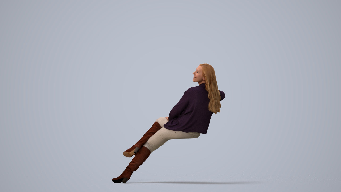 3D human model woman casual sitting, photogrammetry scanned person for archviz, three-quarter view render