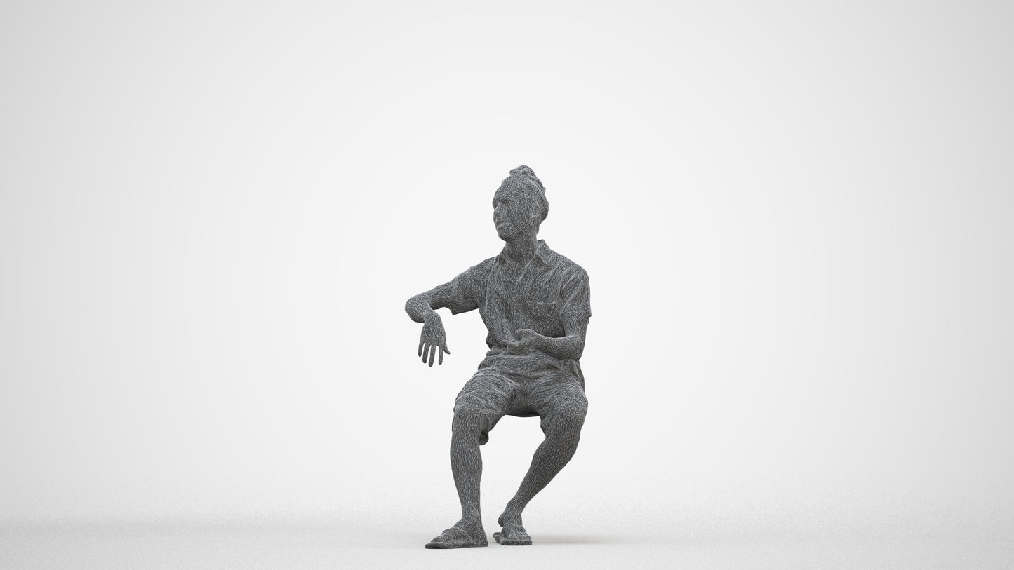 3D people model man casual sitting, scanned human for 3ds Max rendering, three-quarter front view render
