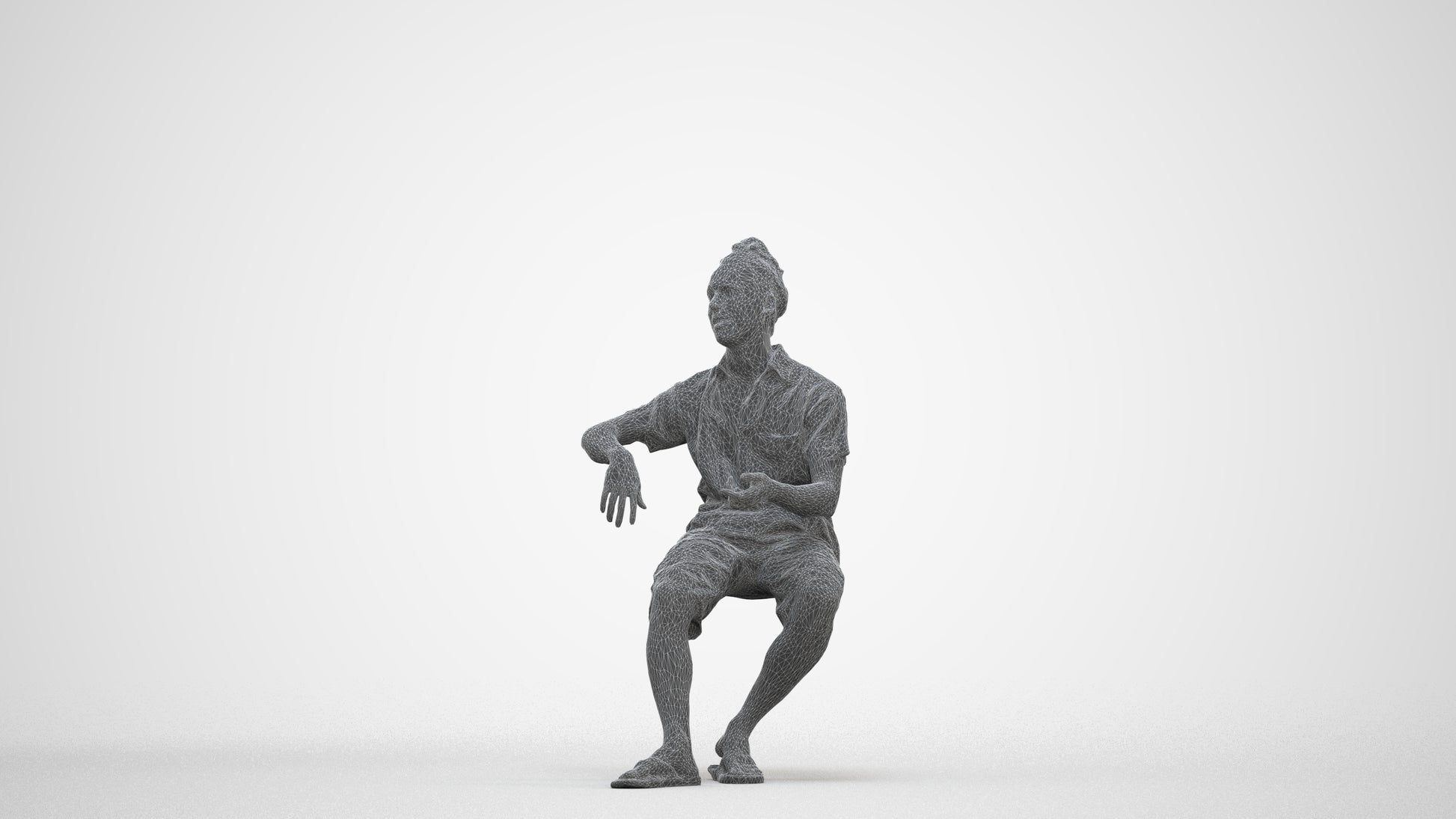 3D people model man casual sitting, scanned human for 3ds Max rendering, three-quarter front view render