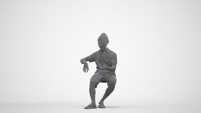 3D people model man casual sitting, scanned human for 3ds Max rendering, three-quarter front view render