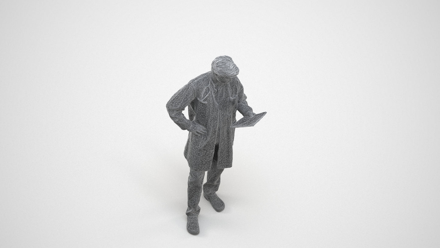 photogrammetry 3D man standing, realistic human model archviz FBX, wireframe three-quarter view