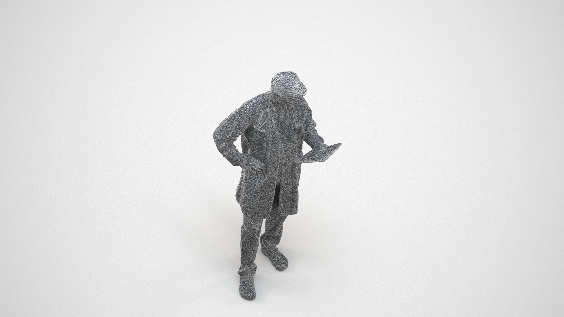photogrammetry 3D man standing, realistic human model archviz FBX, wireframe three-quarter view