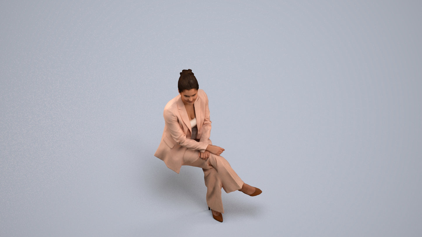 3D human model woman business sitting, photogrammetry scanned person for archviz, back view render