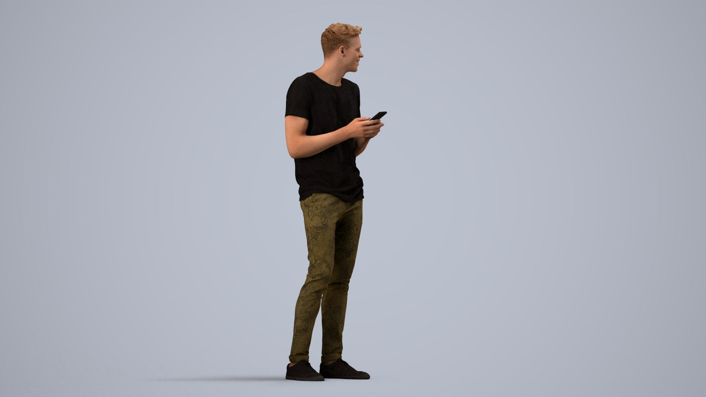 3D human model man casual standing, photogrammetry scanned person for archviz, side view render