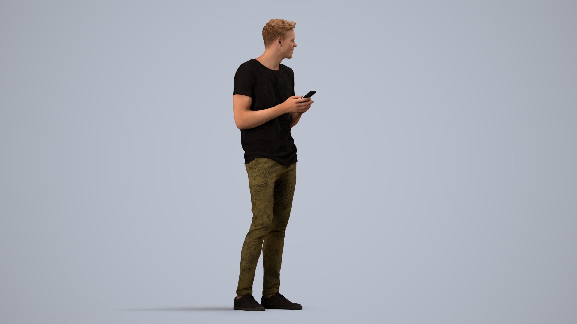 3D human model man casual standing, photogrammetry scanned person for archviz, side view render