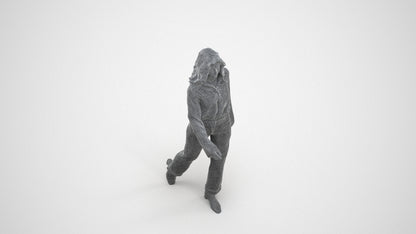 3D human model woman casual walking, photogrammetry scanned person for archviz, wireframe three-quarter view