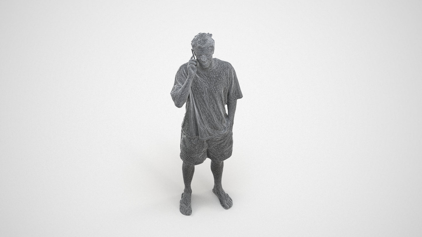 3D human model man casual standing, photogrammetry scanned person for archviz, wireframe three-quarter view