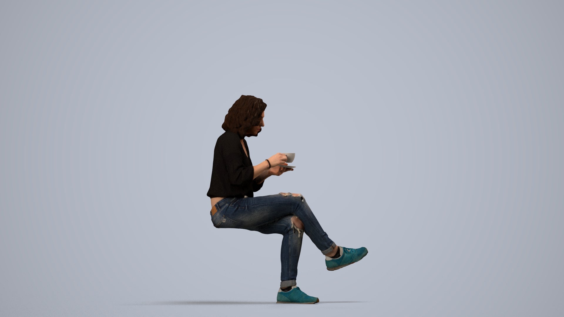 photogrammetry 3D woman casual sitting, realistic human model archviz FBX, side view render