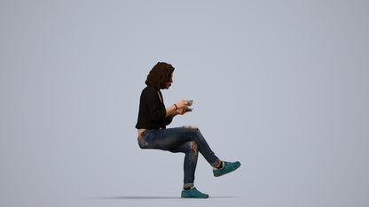 photogrammetry 3D woman casual sitting, realistic human model archviz FBX, side view render