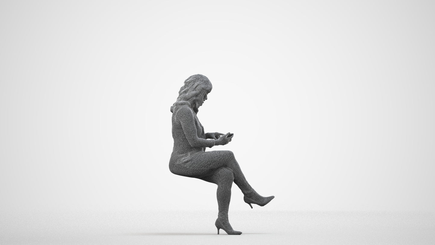 photogrammetry 3D woman casual sitting, realistic human model archviz FBX, wireframe side view