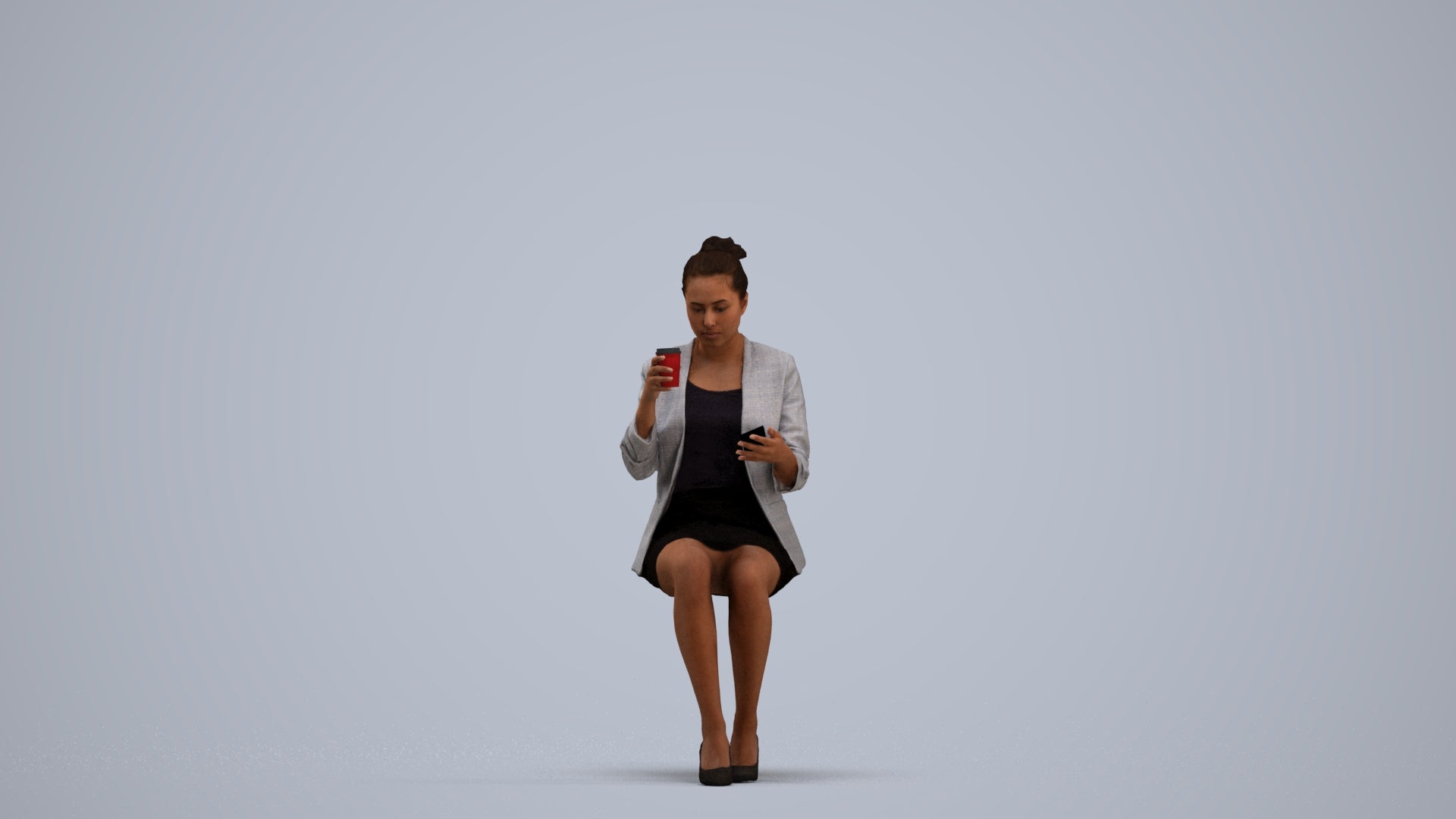 3D human model woman business, photogrammetry scanned person for archviz, standing pose render