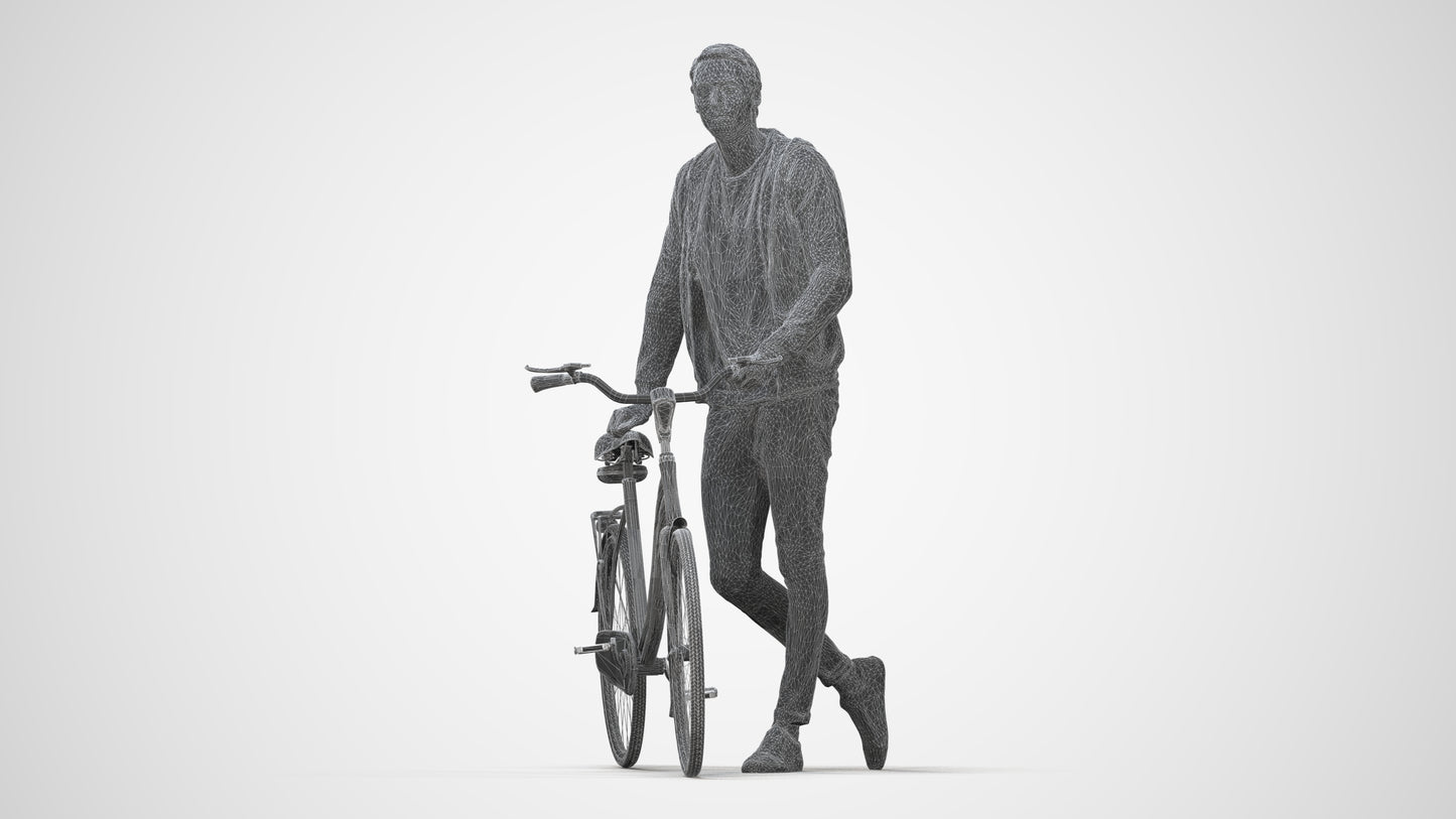 scanned 3D man casual cycling, photogrammetry people for Enscape and V-Ray, wireframe back view