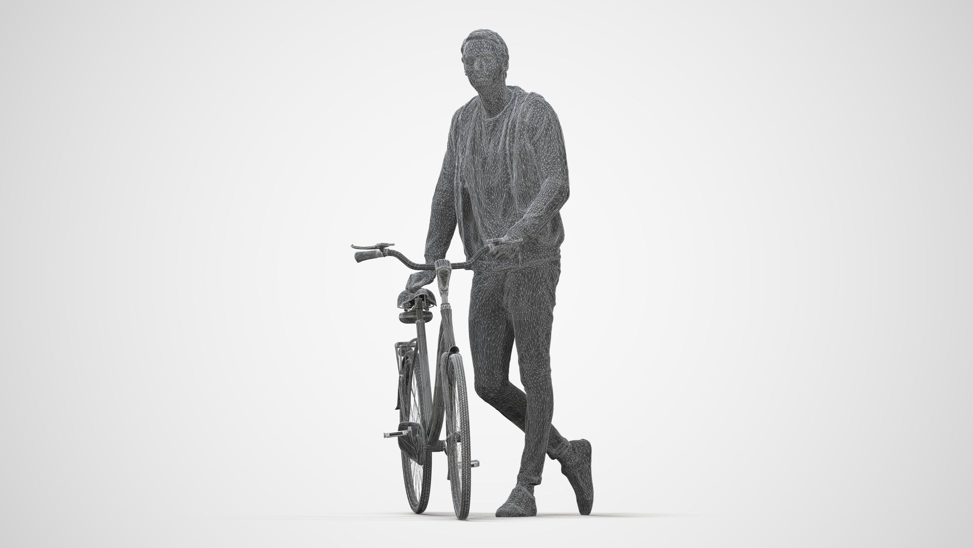 scanned 3D man casual cycling, photogrammetry people for Enscape and V-Ray, wireframe back view