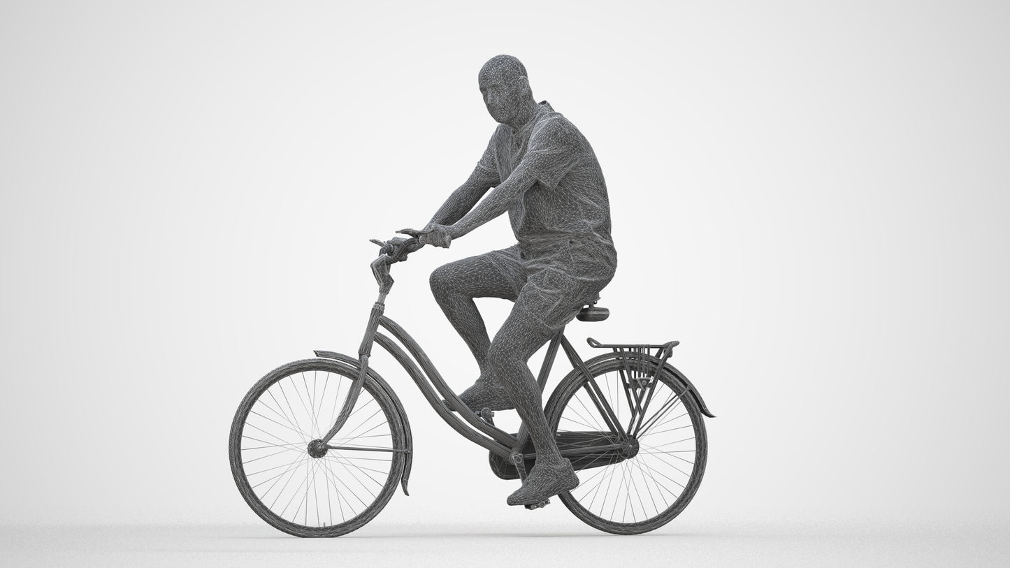 scanned 3D senior man casual cycling, photogrammetry people for Enscape and V-Ray, wireframe back view