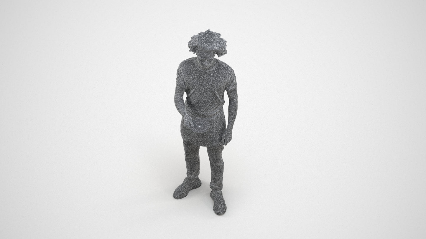 realistic 3D human man door, archviz people FBX OBJ for Blender, wireframe three-quarter view