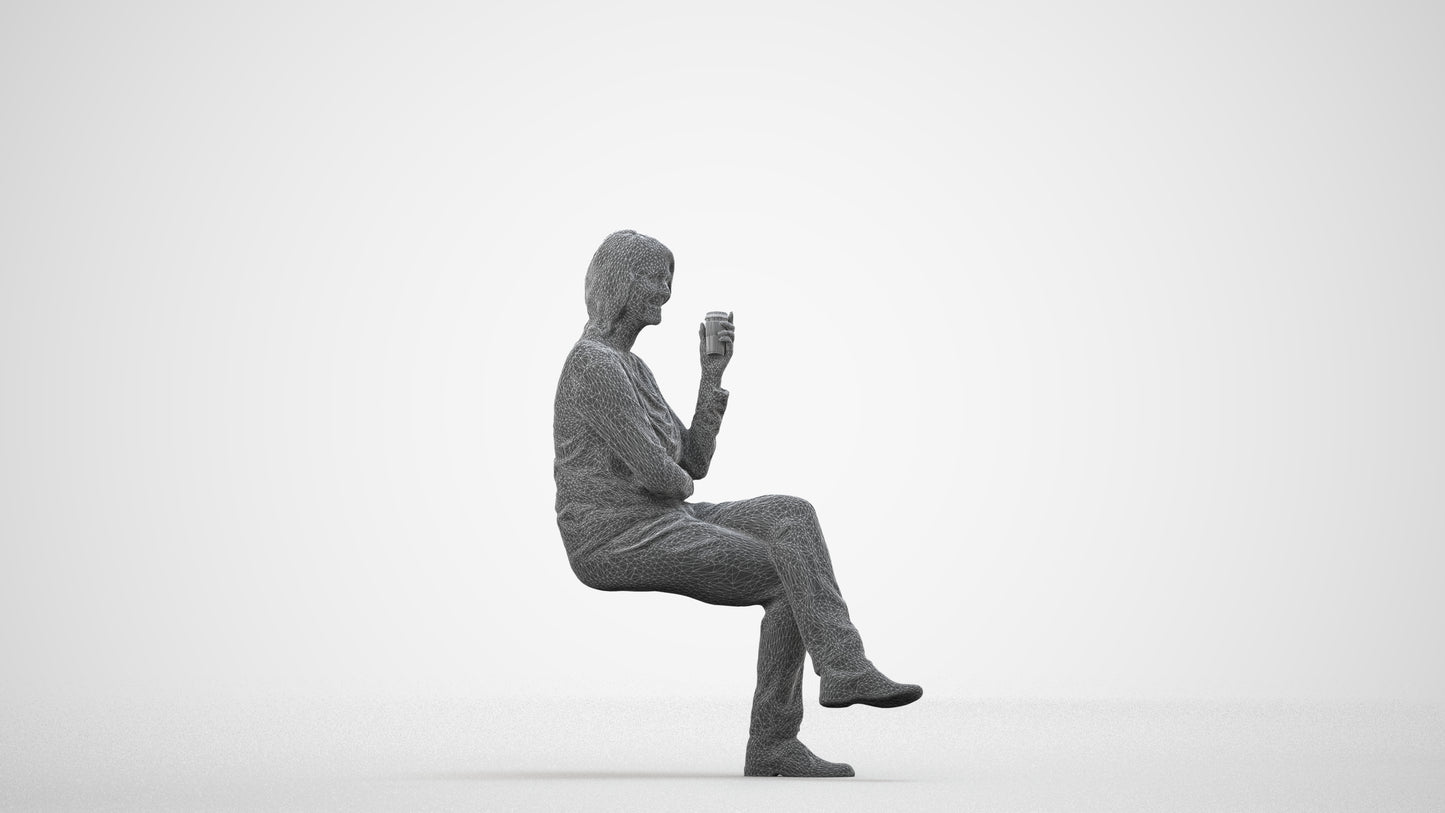 scanned 3D woman casual sitting, photogrammetry people for Enscape and V-Ray, wireframe side view