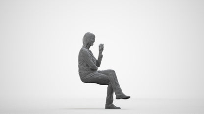 scanned 3D woman casual sitting, photogrammetry people for Enscape and V-Ray, wireframe side view