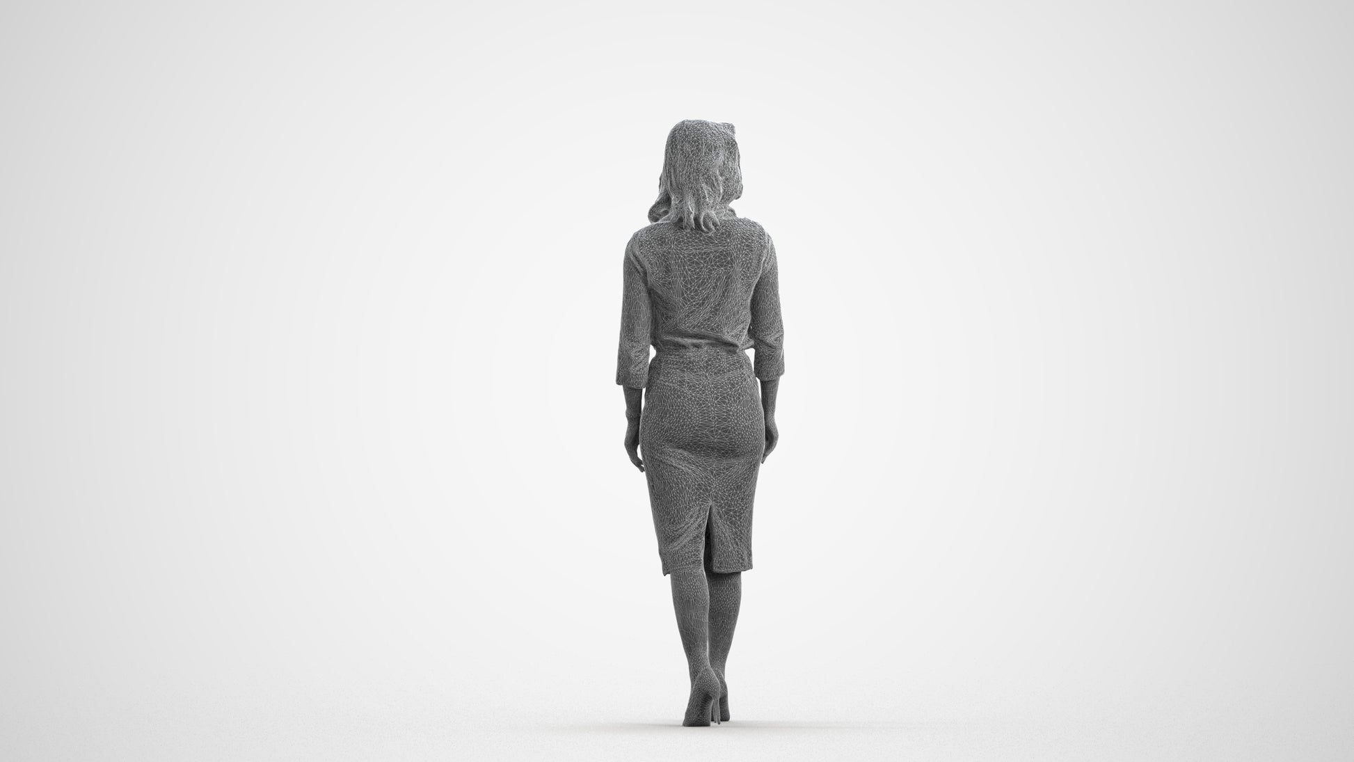 realistic 3D woman business standing, scanned archviz people for Blender and 3ds Max, wireframe front view