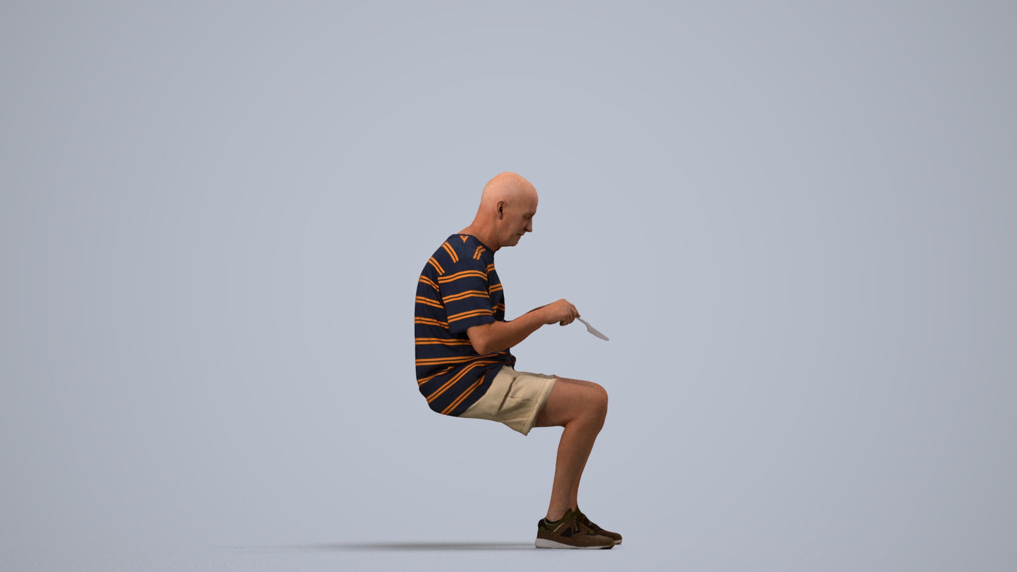 3D scanned senior man sitting casual, photorealistic archviz people for Enscape and SketchUp, side view render