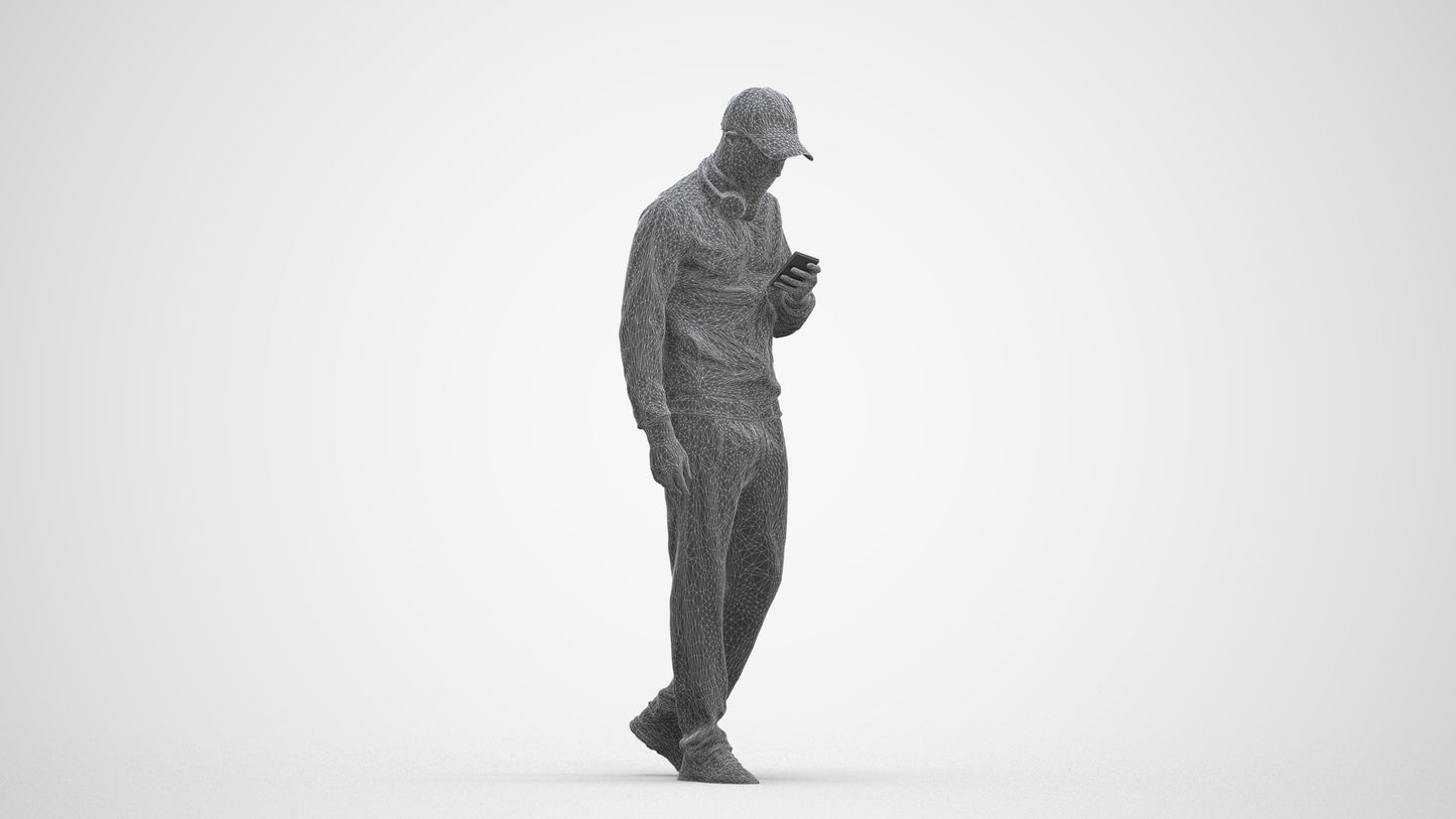 3D human model man sport walking, photogrammetry scanned person for archviz, three-quarter front view render
