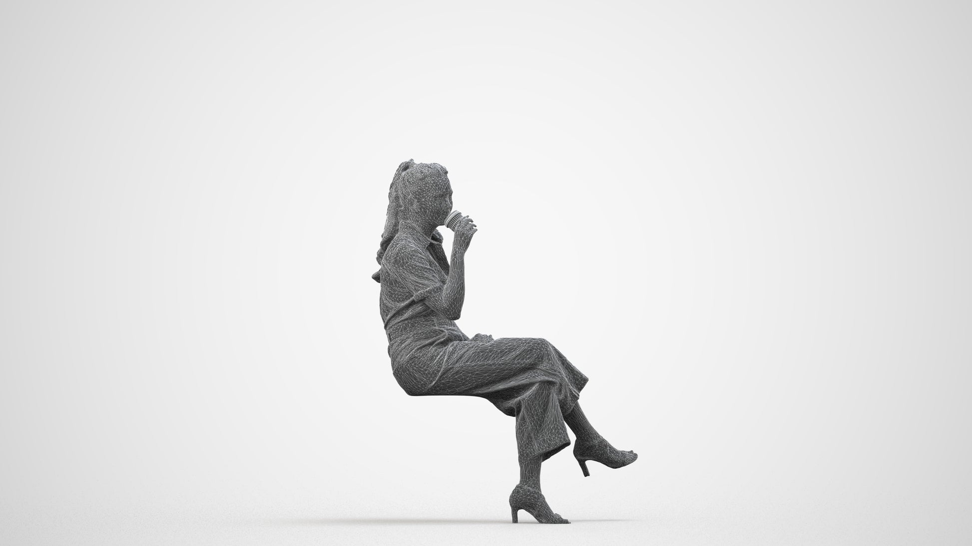 3D scanned woman sitting formal, photorealistic archviz people for Enscape and SketchUp, wireframe side view