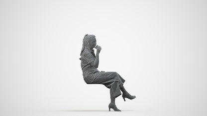 3D scanned woman sitting formal, photorealistic archviz people for Enscape and SketchUp, wireframe side view