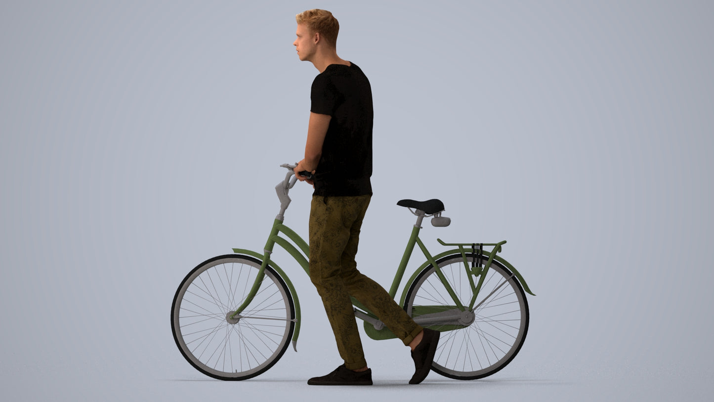 realistic 3D people man casual cycling, render-ready for V-Ray and Corona, FBX OBJ, three-quarter view render