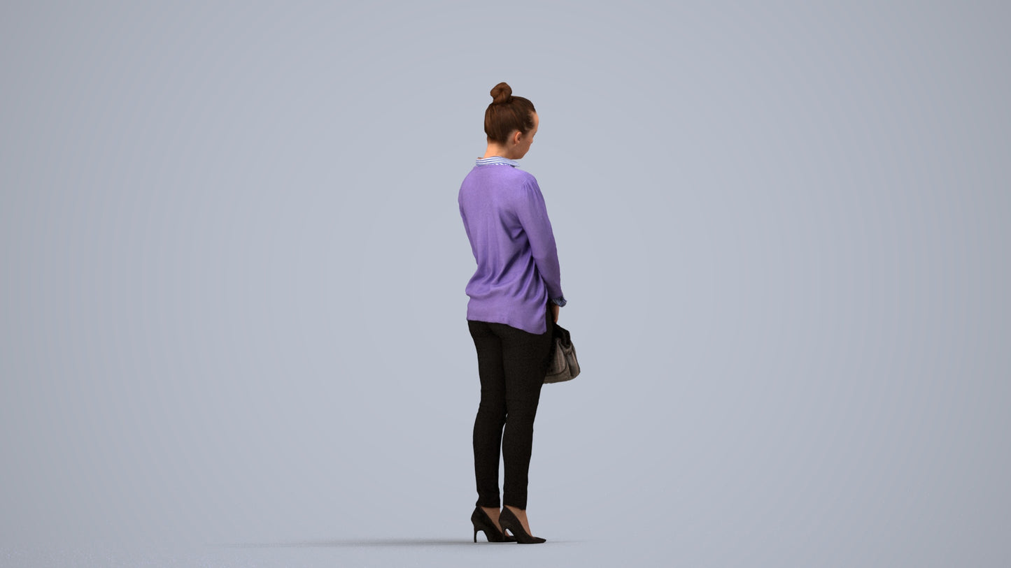 3D human model woman business standing, photogrammetry scanned person for archviz, side view render