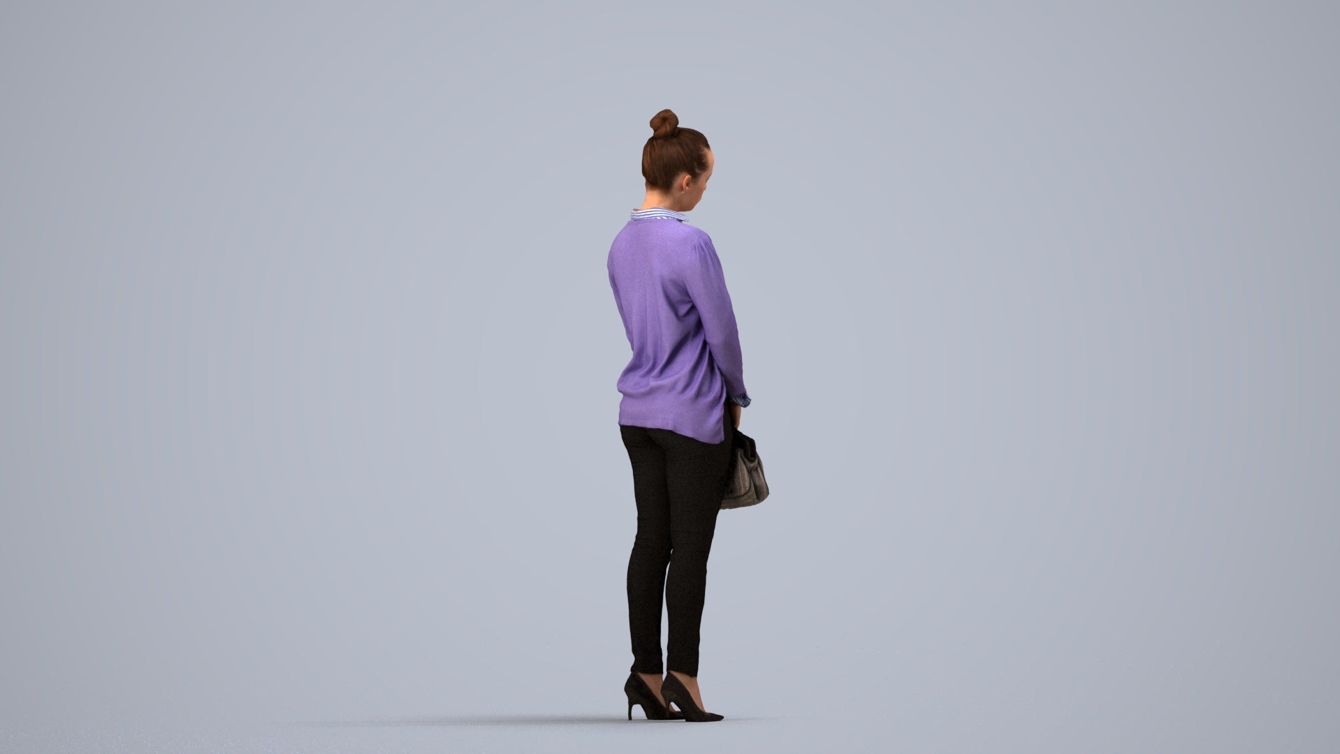 3D human model woman business standing, photogrammetry scanned person for archviz, side view render