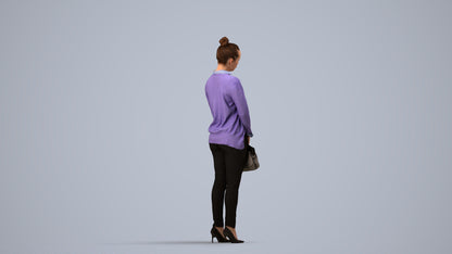 3D human model woman business standing, photogrammetry scanned person for archviz, side view render