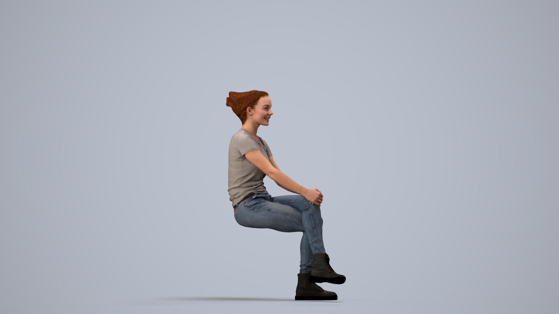 3D human model woman casual sitting, photogrammetry scanned person for archviz, side view render
