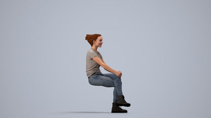 3D human model woman casual sitting, photogrammetry scanned person for archviz, side view render