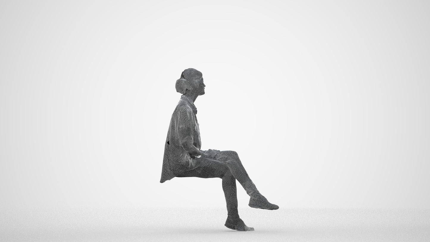 3D scanned woman sitting casual, photorealistic archviz people for Enscape and SketchUp, wireframe side view