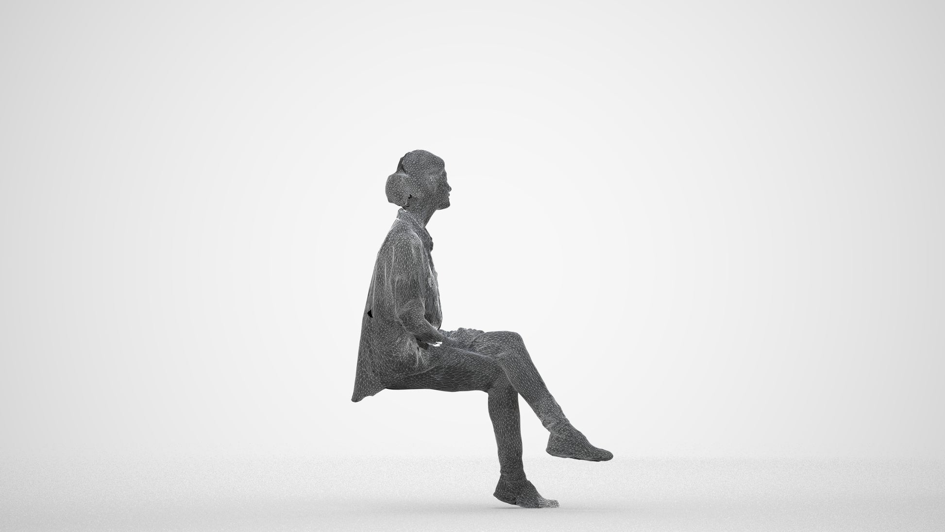 3D scanned woman sitting casual, photorealistic archviz people for Enscape and SketchUp, wireframe side view
