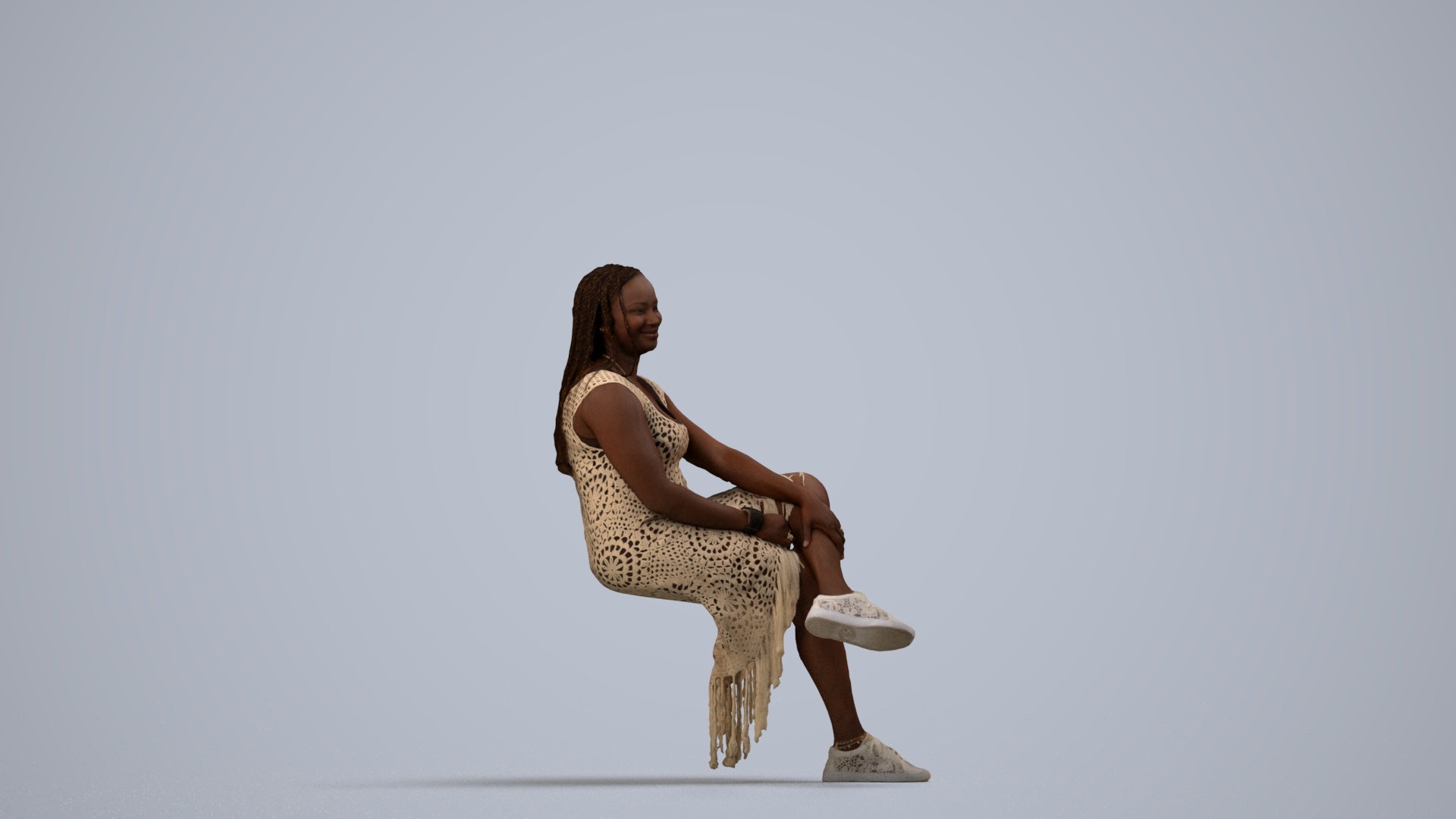 realistic 3D woman casual sitting, scanned archviz people for Blender and 3ds Max, side view render